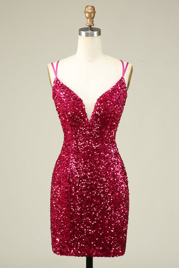Stylish Fuchsia Spaghetti Straps Tight Homecoming Dress